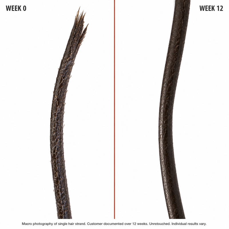 Close-up of a dry, frayed hair strand next to a smooth, conditioned hair strand