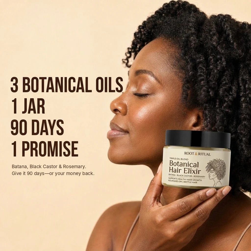 Woman holding a jar of Root & Ritual Botanical Hair Elixir