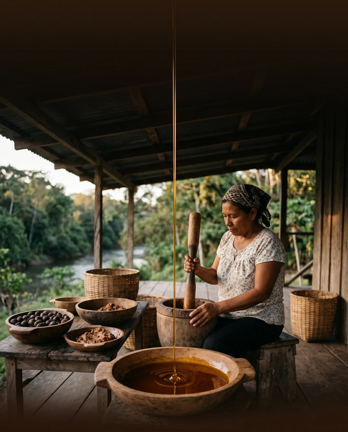 Artistic illustration: a woman in La Moskitia, Honduras, preparing batana, as the oils flow together into one bowl
