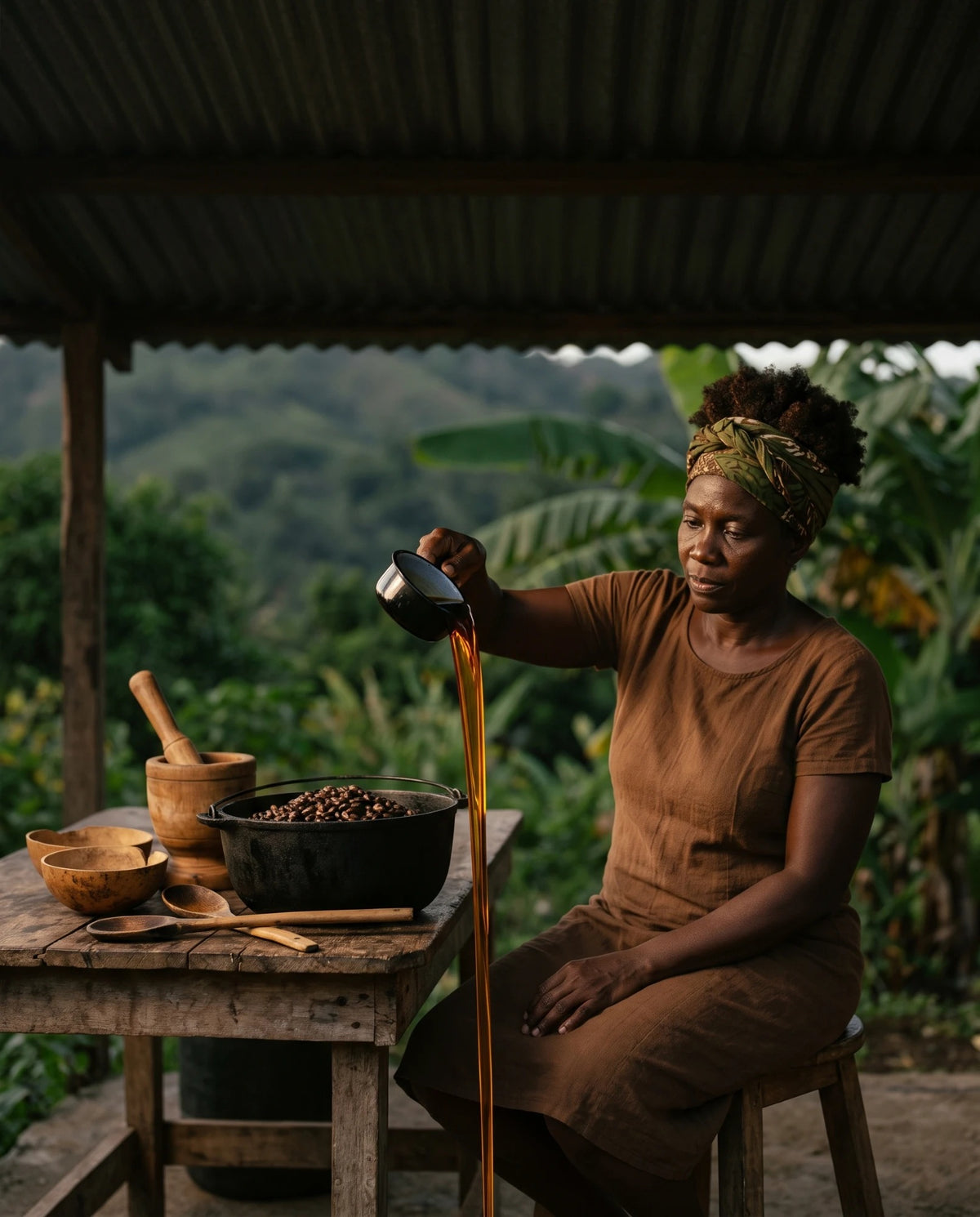Artistic illustration: a woman in Jamaica preparing black castor oil, with a stream of oil flowing down