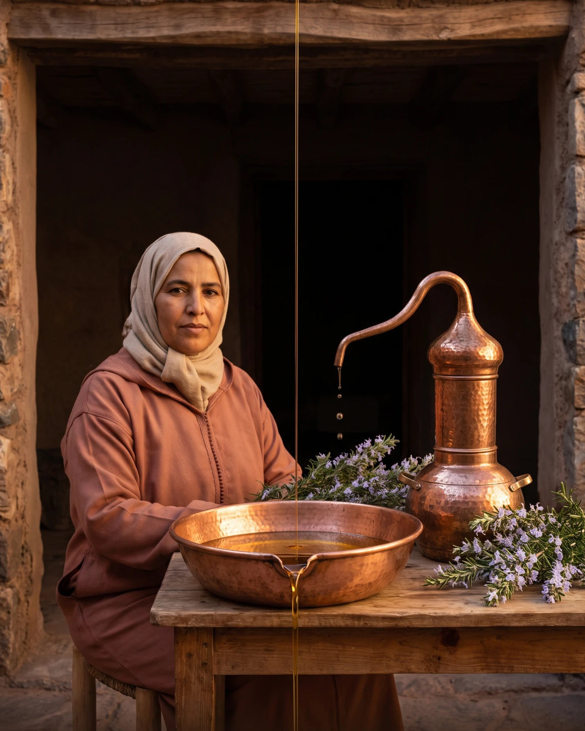 Artistic illustration: a woman in Morocco distilling rosemary, with the oil flowing into a copper bowl