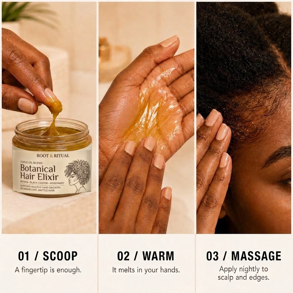 Three steps: scoop a fingertip of balm, warm it in your hands, massage into scalp and edges